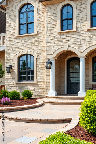 Wallpaper Mural Elegant Home Exterior with Stone Facade and Landscaped Entrance.  Luxury real estate, curb appeal, and architectural design. Torontodigital.ca
