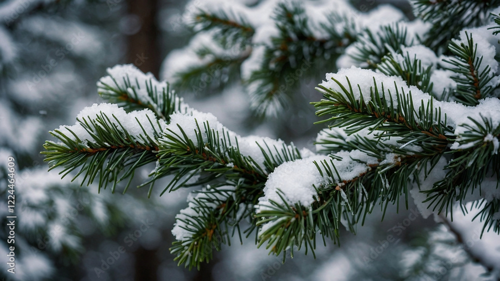 closeup of snow covered evergreen branch in forest closeup of snow covered evergreen branch in forest