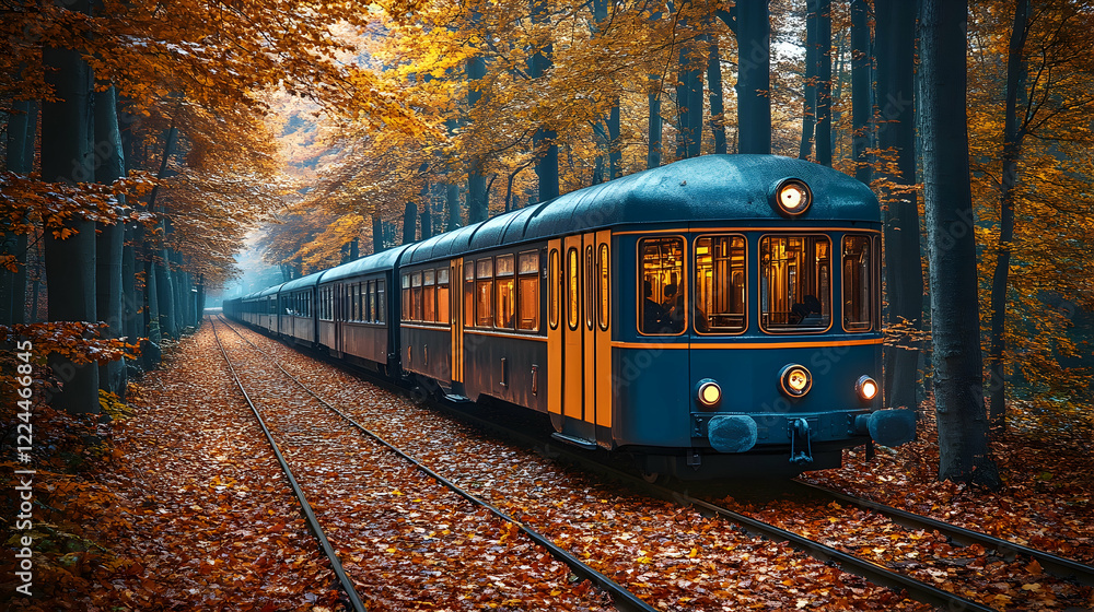 Obraz premium Autumn train journey through forest, fall foliage