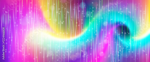 Vector futuristic bright radiant glowing fabulous wide banner. Abstract textured glare wallpaper. Curved swirl soft flowing color streams. Luminous laser beams and starry background