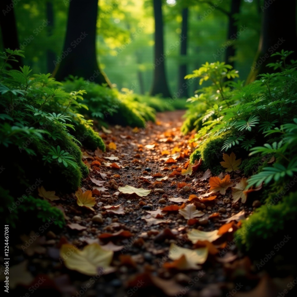 Softly lit forest floor with fallen leaves and ferns, nature's carpet, leafy undergrowth Softly lit forest floor with fallen leaves and ferns, nature's carpet, leafy undergrowth