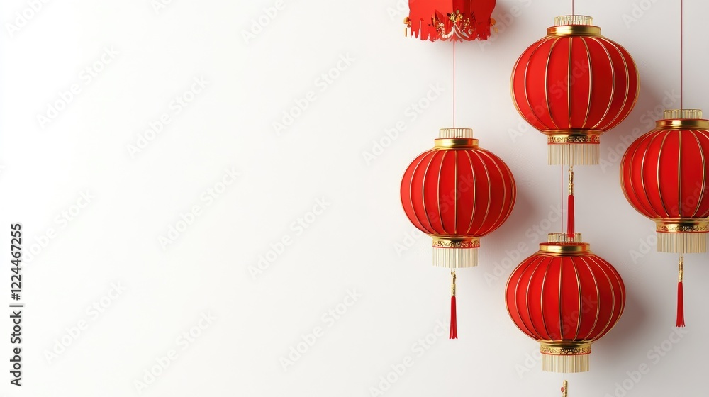 Minimalist Chinese New Year design with simple red lanterns and subtle gold accents on a clean white background. Minimalist Chinese New Year design with simple red lanterns and subtle gold accents on a clean white background.