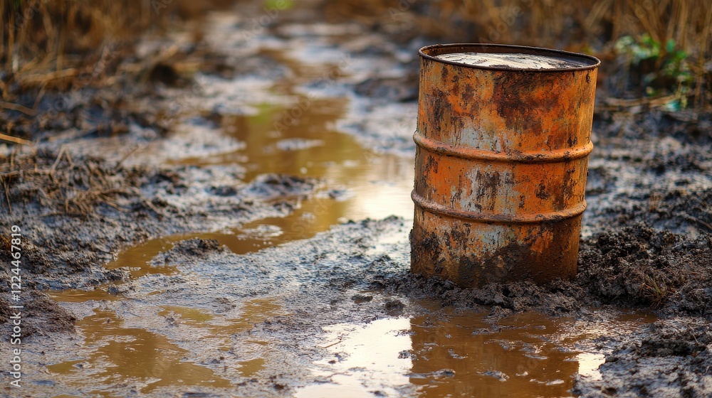 Rusty Metal Barrel in Waterlogged Muddy Field Under Overcast Sky Rusty Metal Barrel in Waterlogged Muddy Field Under Overcast Sky