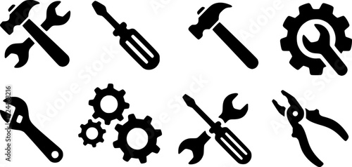 Tools and Service icons set. Wrench, screwdriver and gear icon. Screwdriver and wrench glyph icon. Settings and repair, service sign - stock.
