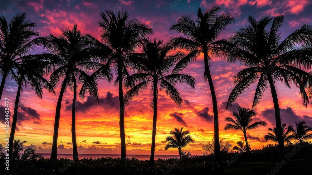 Fototapeta premium Silhouetted Palm Trees at Vivid Sunset Beach