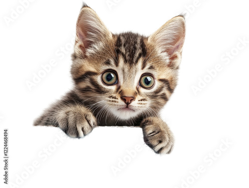 Isolated Gray Kitten Peeking Over Edge