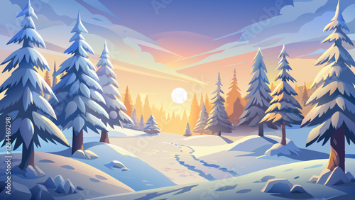 Winter landscape with coniferous forest at sunset. illustration.