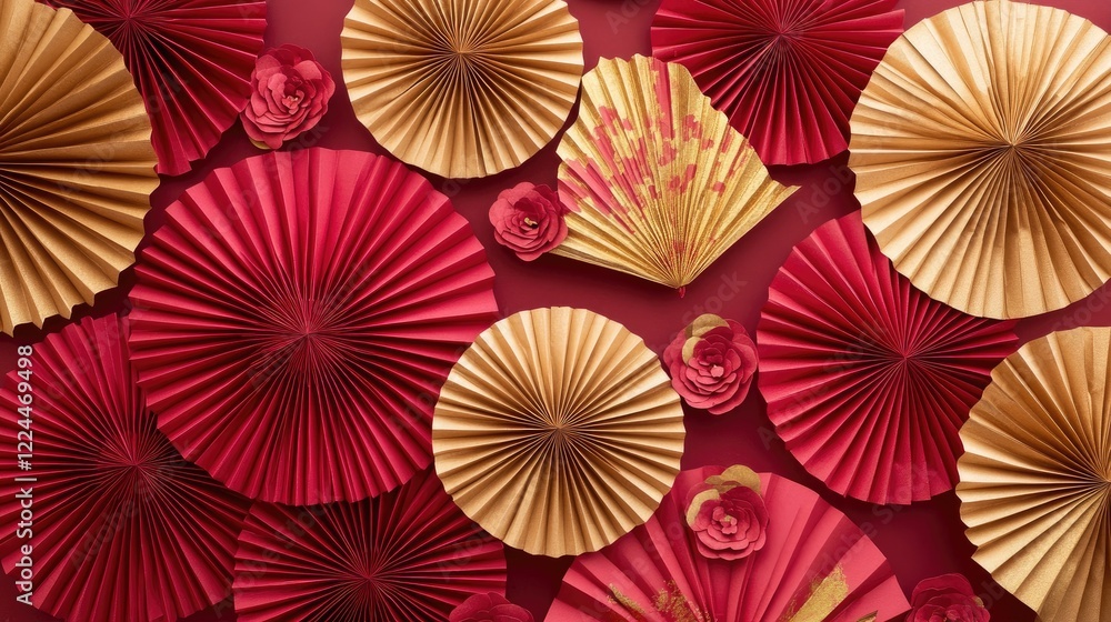 Naklejka premium Handmade Chinese New Year decor with handcrafted red and gold paper fans arranged in a festive pattern.