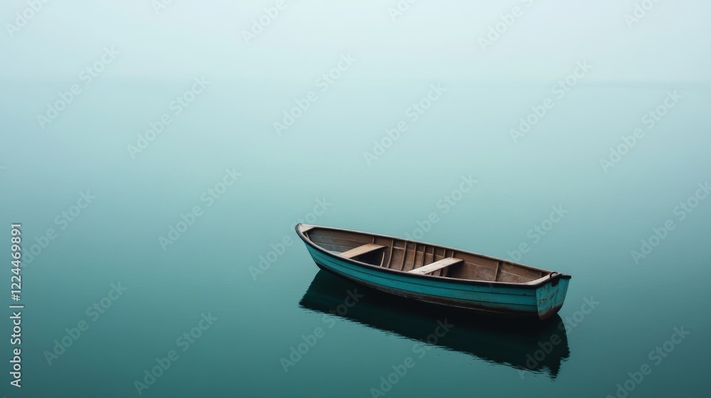 Solitary teal rowboat on calm, misty water. Solitary teal rowboat on calm, misty water.