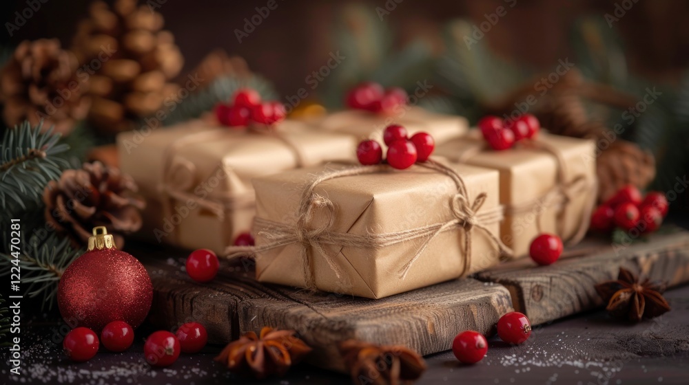 Rustic Christmas Gifts with Red Berries and Twine on Wooden Surface Rustic Christmas Gifts with Red Berries and Twine on Wooden Surface