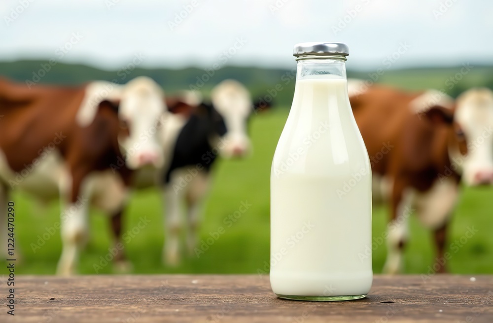 Milk bottle on the background of cows, farms, milk mockup, dairy farm, for advertising Milk bottle on the background of cows, farms, milk mockup, dairy farm, for advertising
