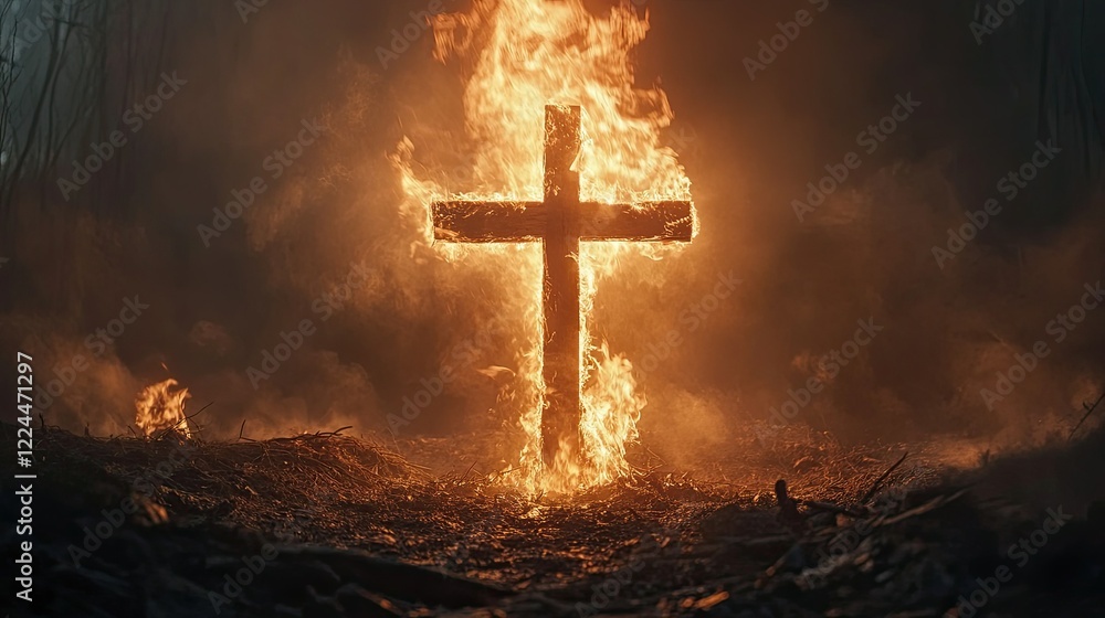 A dramatic shot of a wooden cross ablaze, flames swirling upward, illuminating the dark surroundings with fiery intensity. A dramatic shot of a wooden cross ablaze, flames swirling upward, illuminating the dark surroundings with fiery intensity.