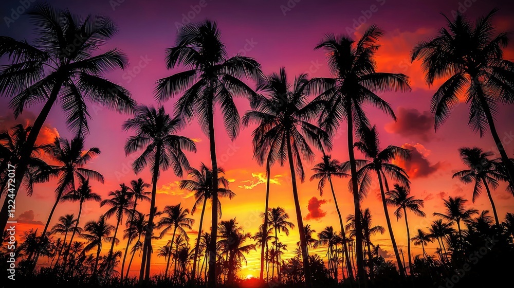 Obraz premium Silhouetted Palm Trees at Vibrant Sunset