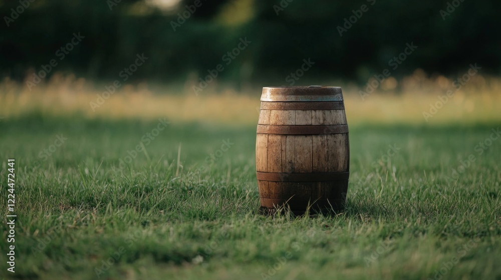 Wooden barrel sits in a grassy field at sunset. Wooden barrel sits in a grassy field at sunset.