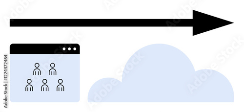 Black arrow pointing from user interface with icons to a blue cloud, symbolizing efficiency, technology, collaboration, or innovation. Ideal for cloud computing, teamwork, data transfer, digital photo