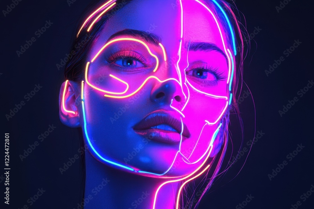 Neon Lights Illuminate a Womens Face Artistic Portrait Neon Lights Illuminate a Womens Face Artistic Portrait