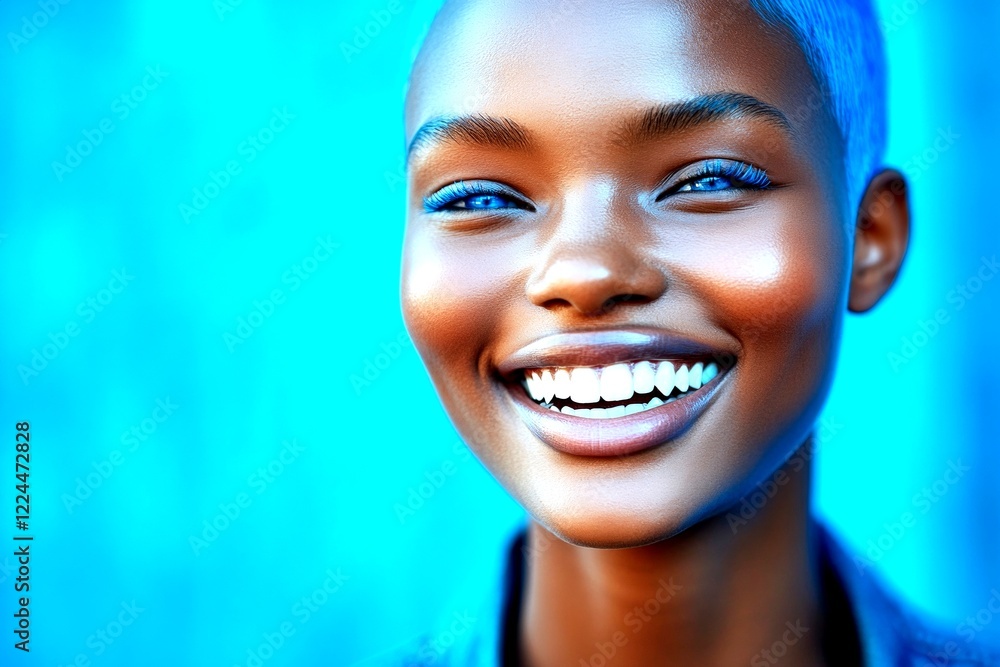 Commercial digital ads image visual design. Short trim - blue hair. Attractive happy black girl - for ads, advertisement and social media use. Stylish black woman. Fashion black hair. Commercial digital ads image visual design. Short trim - blue hair. Attractive happy black girl - for ads, advertisement and social media use. Stylish black woman. Fashion black hair.