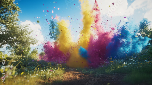 Holi rainbow colors, rainbow colored Holi powder explosion in the air, Bright outdoor setting with sunlight illuminating bright colors, Holi celebration photo