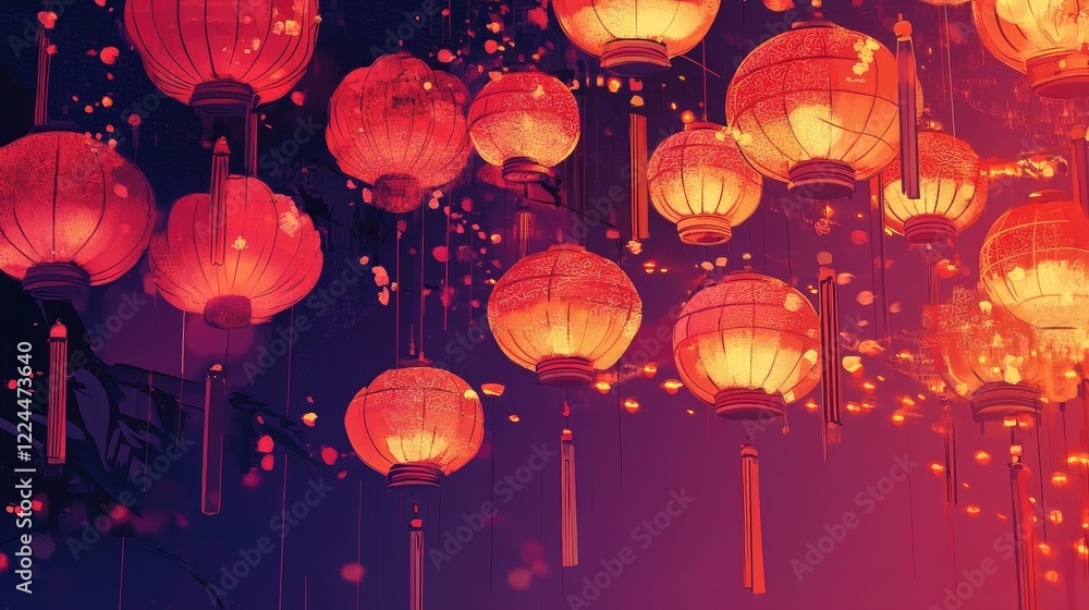 A modern Chinese New Year illustration with a blend of digital patterns, featuring lanterns and symbolic firecrackers in a contemporary art style A modern Chinese New Year illustration with a blend of digital patterns, featuring lanterns and symbolic firecrackers in a contemporary art style