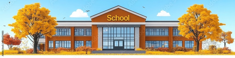 Modern school building with autumn trees and clear blue sky
Modern school building with autumn trees and clear blue sky