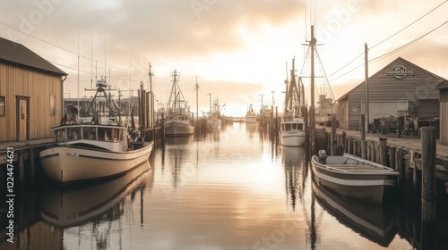 Calm sunrise over a harbor with fishing boats moored at the docks. photo