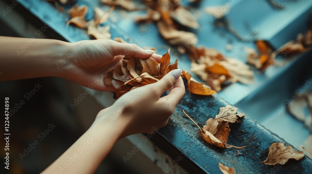 32.A pair of hands pulling out a handful of dry leaves from a rain gutter, with scattered debris visible on the roof, emphasizing the cleaning and maintenance process. 32.A pair of hands pulling out a handful of dry leaves from a rain gutter, with scattered debris visible on the roof, emphasizing the cleaning and maintenance process.