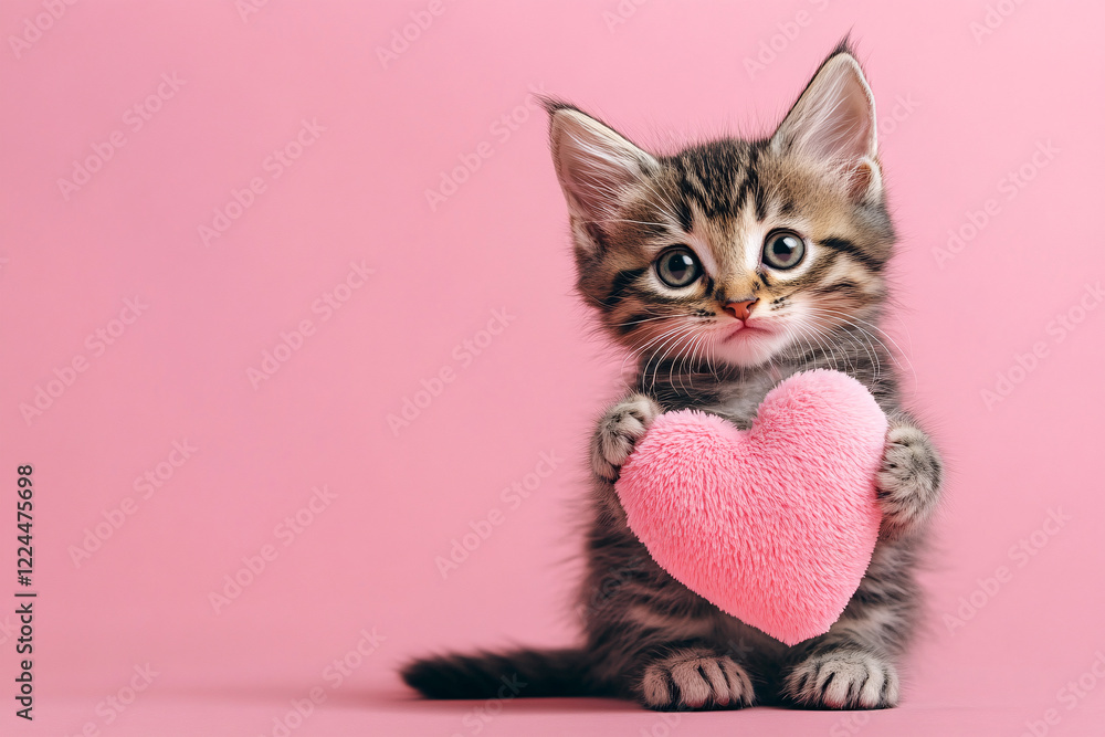 Fototapeta premium Cute small tabby kitten holding plush heart in front of pastel pink background with copy sapce