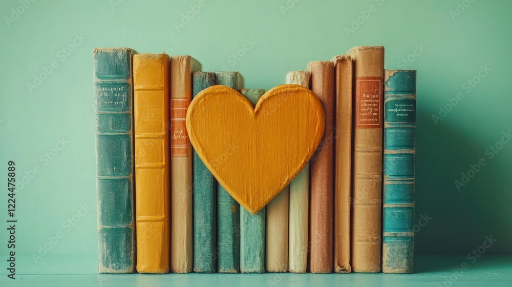 Naklejka premium A Heartfelt Collection: Vintage Books and a Wooden Heart