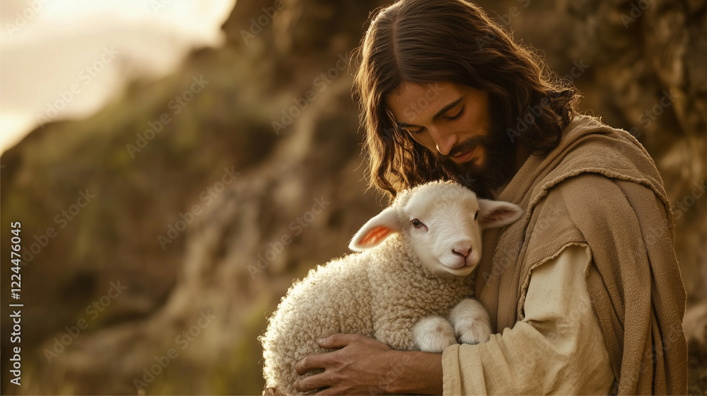 Lord Jesus hugged his little lamb. AI generated images. Lord Jesus hugged his little lamb. AI generated images.