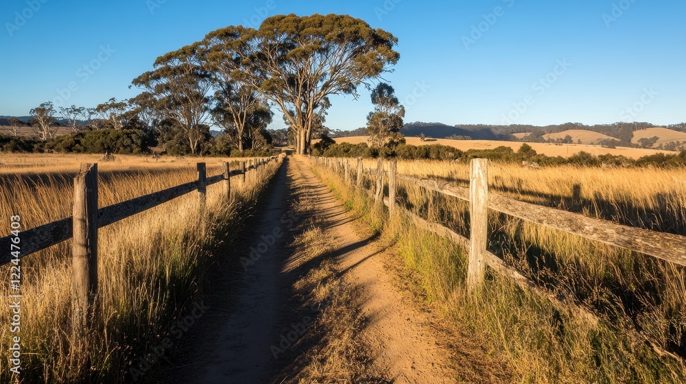 Scenic Pathway Through Golden Grassland Landscape Scenic Pathway Through Golden Grassland Landscape