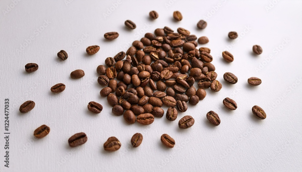 Obraz premium Elegant Coffee Beans Arrangement – Scattered Roasted Beans on White Background, Minimalist Design for Coffee Lovers