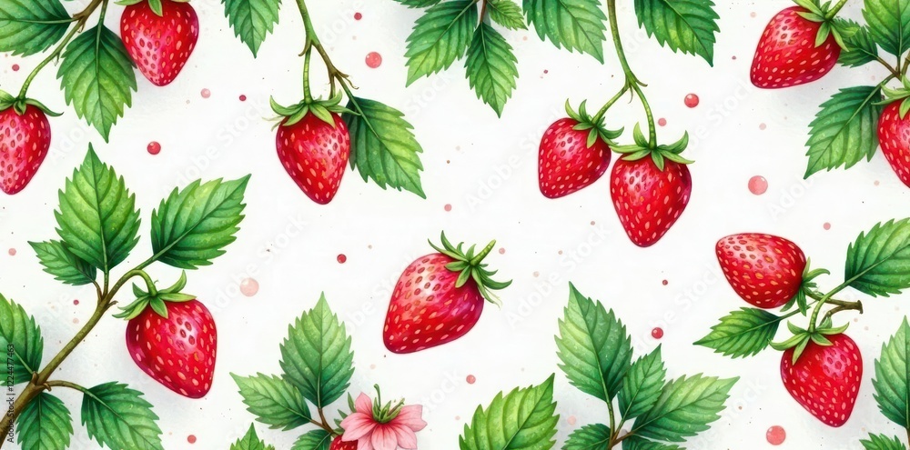 Vibrant watercolor strawberry pattern Lush leaves & blossoms on a branch , seamless, nature Vibrant watercolor strawberry pattern Lush leaves & blossoms on a branch , seamless, nature
