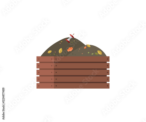 Wooden plant growing box, crate, container with soil, humus in cardboard isolated on white background. Organic soil heap for compost. Recycling natural garbage. Earth worms and biodegradable trash