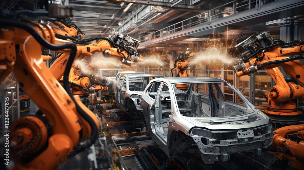 Robotic automotive assembly line manufacturing cars in a high tech efficient factory setting Streamlined and automated production process using advanced machinery and technology Robotic automotive assembly line manufacturing cars in a high tech efficient factory setting Streamlined and automated production process using advanced machinery and technology
