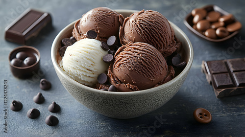Bowl of chocolate and vanilla ice cream with chocolate chips.  Dessert food photography for menu or website