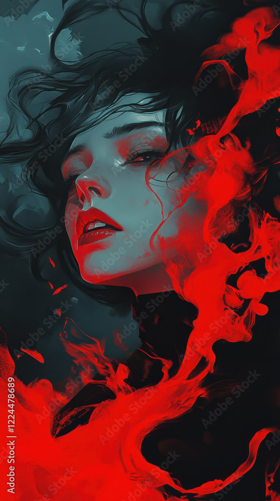 Fototapeta premium Digital art of a woman with red abstract flames.
