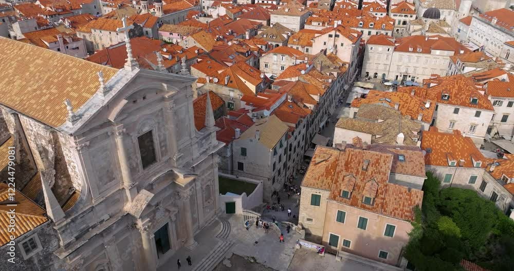 Aerial pan of cathedral and surrounding streets in Dubrovnik, Croatia Aerial pan of cathedral and surrounding streets in Dubrovnik, Croatia