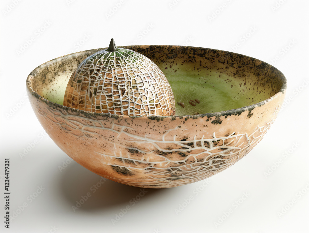 Realistic depiction of a watermelon in a Mediterranean style bowl against a white background Realistic depiction of a watermelon in a Mediterranean style bowl against a white background