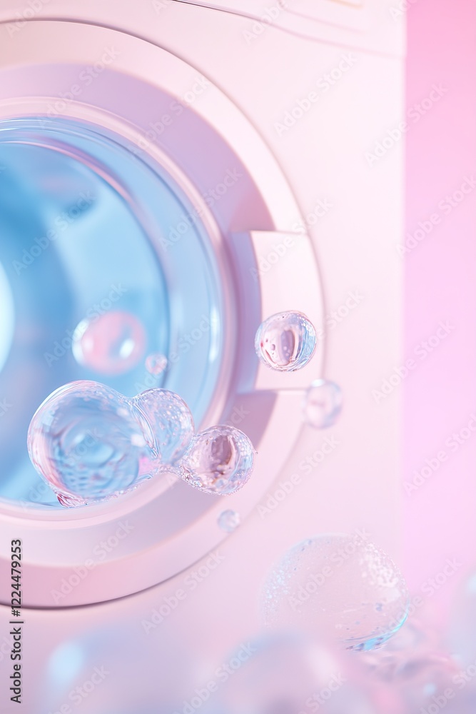 Glowing water droplets form laundry-related icons like a washing machine and detergent bottle against a soft pastel backdrop. The design captures a clean and artistic aesthetic Glowing water droplets form laundry-related icons like a washing machine and detergent bottle against a soft pastel backdrop. The design captures a clean and artistic aesthetic