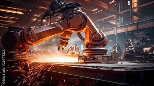 Robotic arm welding metal components in a modern industrial factory setting  Automated manufacturing process using advanced technology and machinery for efficient production and assembly photo