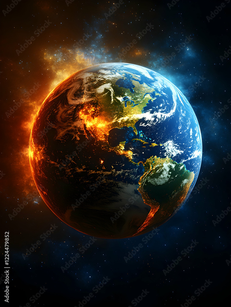 Obraz premium Burning Earth, Climate Change, Global Warming, Space Background, Environmental Disaster, Concept Art