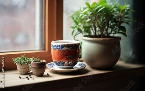 Wallpaper Mural cup of tea with mint on wooden table Torontodigital.ca