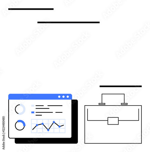 Data dashboard with graphs near a sleek briefcase symbolizing business, strategy, technology. Ideal for analytics, management, growth, finance, work tools, innovation abstract line flat metaphor