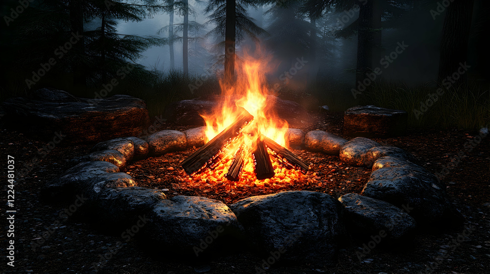 Campfire burning brightly in a misty forest at night, ideal for camping or adventure stories Campfire burning brightly in a misty forest at night, ideal for camping or adventure stories