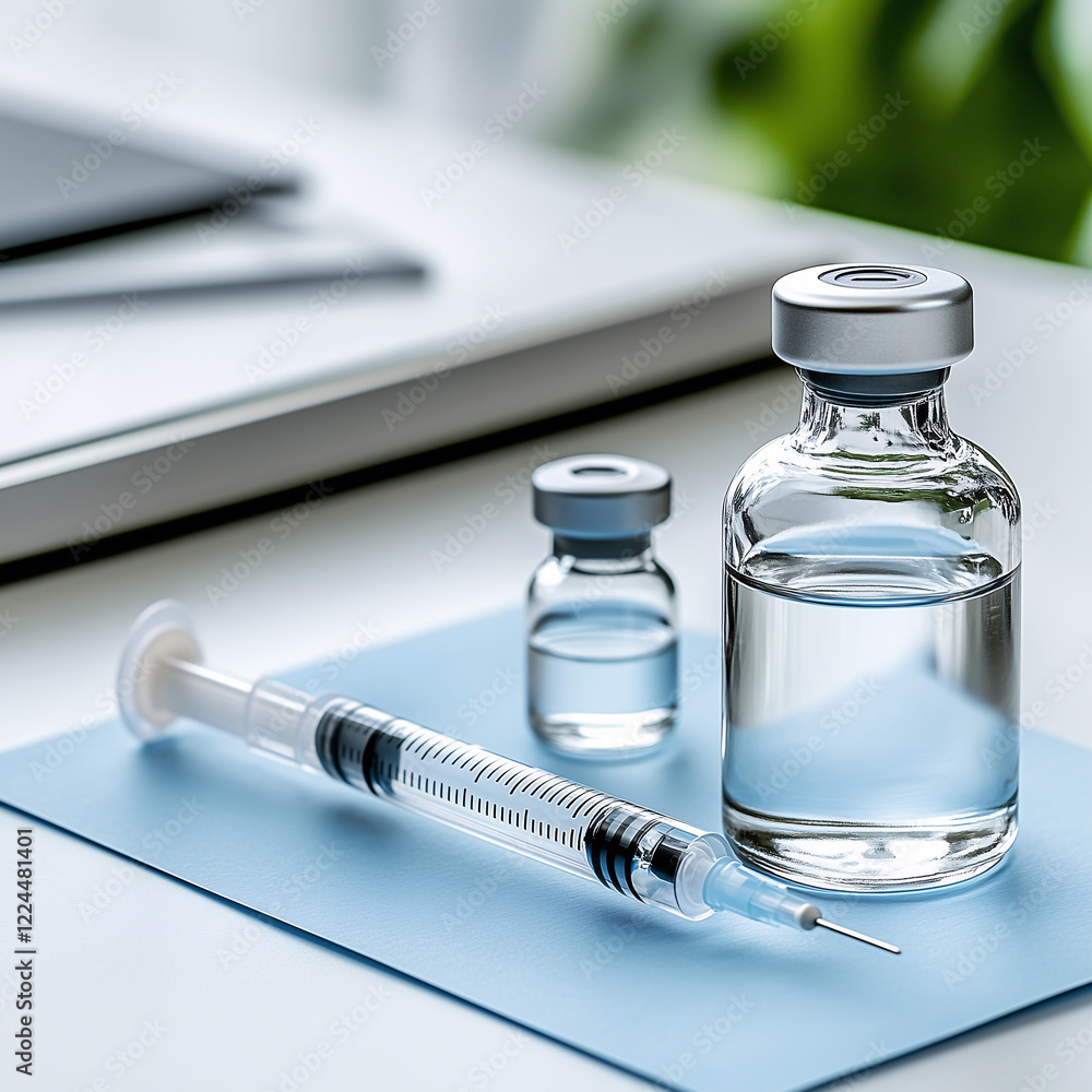 Syringe and vial containing transparent liquid resting on blue paper Syringe and vial containing transparent liquid resting on blue paper