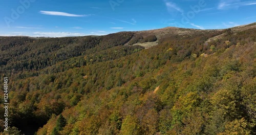 Aerial establishing dolly of Kolašin vibrant autumn foliage and surrounding mountains, a stunning nature escape photo