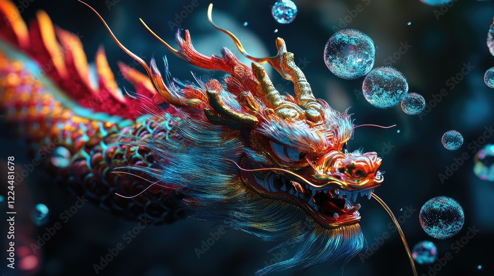Naklejka premium An underwater-themed Chinese New Year scene featuring red lanterns floating gracefully among coral reefs with shimmering golden accents