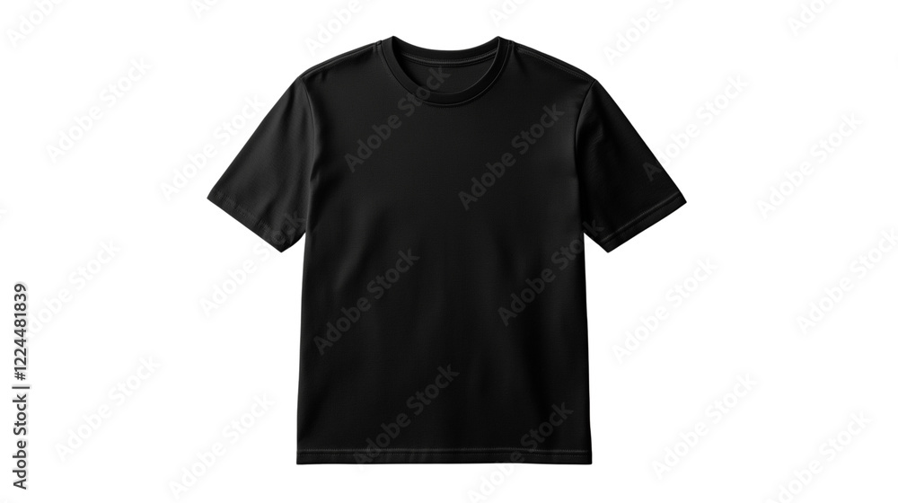 A plain black t-shirt displayed on a transparent background, showcasing its simple design and fabric texture. A plain black t-shirt displayed on a transparent background, showcasing its simple design and fabric texture.