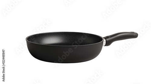 A sleek black frying pan with a smooth interior, designed for cooking various dishes, set against on a transparent background.