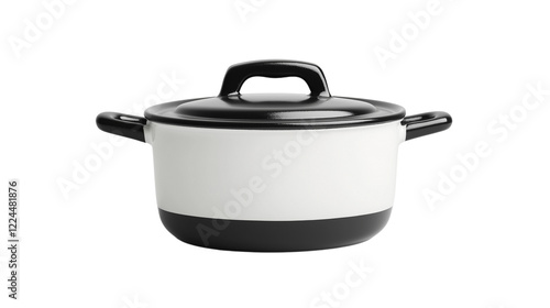 A modern, stylish cooking pot featuring a black lid and handles with a white body, ideal for kitchen and culinary imagery.